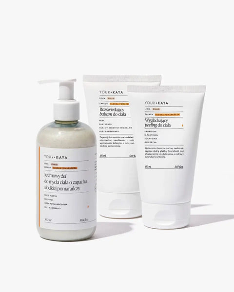 Set: body wash gel, peeling and balm with the scent of sweet orange