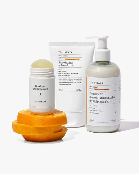 Set: body wash gel, balm and deodorant with a sweet orange scent