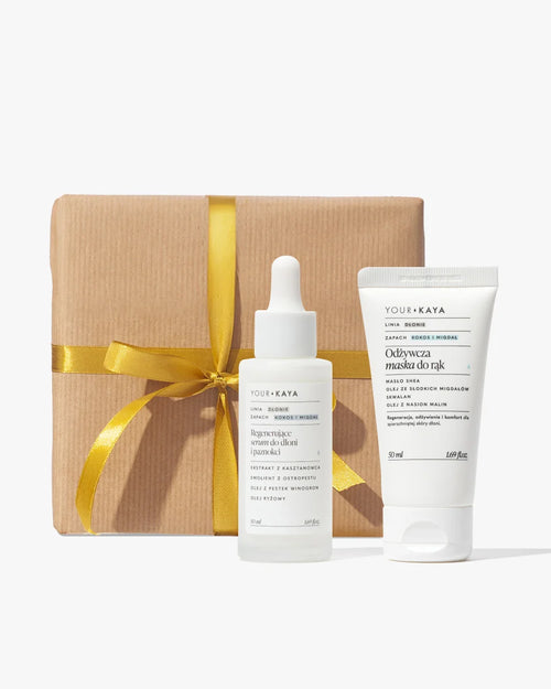 Zestaw prezentowy: odżywcza maska do rąk i regenerujące serum do dłoni o zapachu kokosa i migdałów
