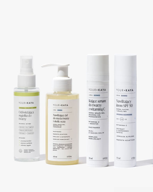 Zestaw: Żel do mycia twarzy, Odświeżająca mgiełka, Serum z witaminą C i Krem SPF 50