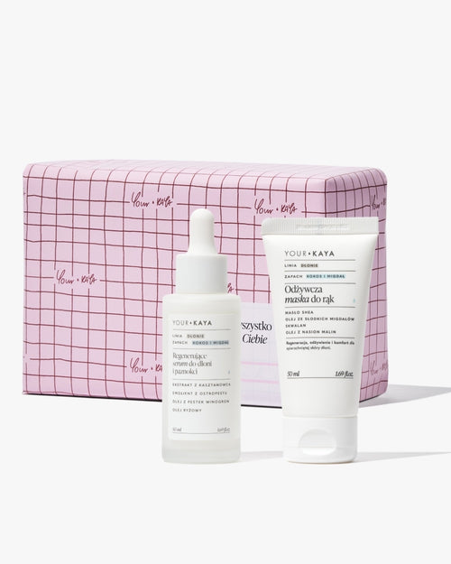 Zestaw prezentowy: odżywcza maska do rąk i regenerujące serum do dłoni o zapachu kokosa i migdałów