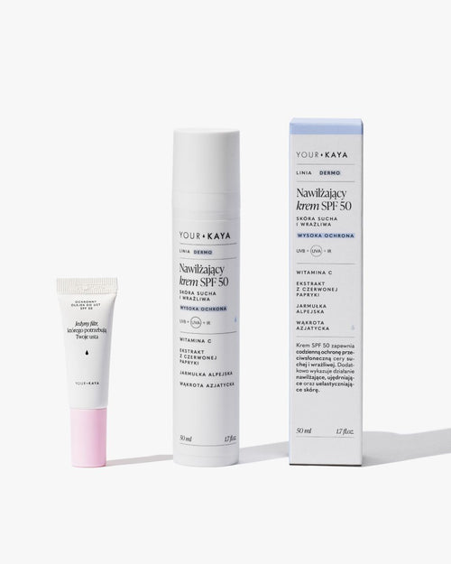 Zestaw: Nawilżający krem SPF 50 i Ochronny olejek do ust SPF 50