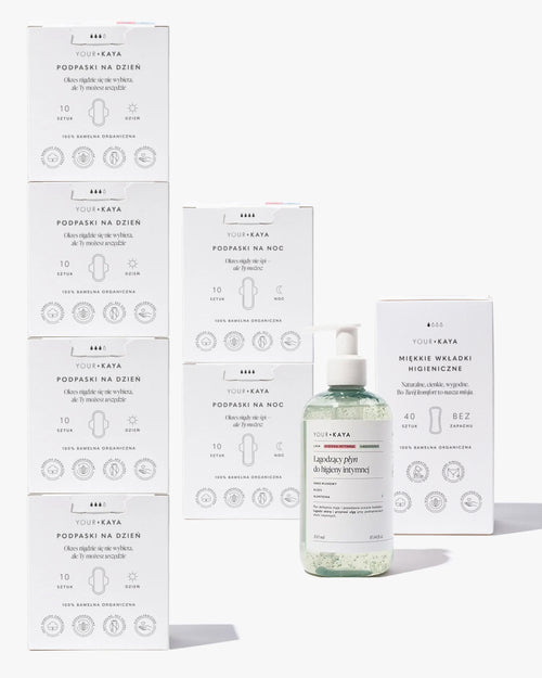 Zestaw: 4x podpaski na dzień, 2x na noc, wkładki i płyn do higieny intymnej