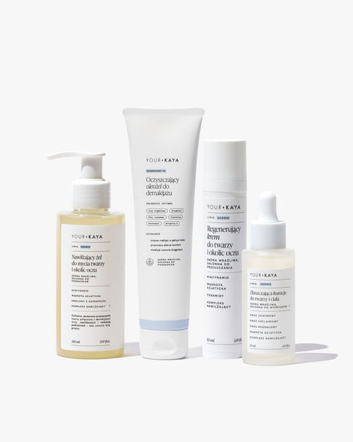 Zestaw: Oleożel lub Balsam do demakijażu, Żel do mycia twarzy, Kuracja złuszczająca i Regenerujący krem