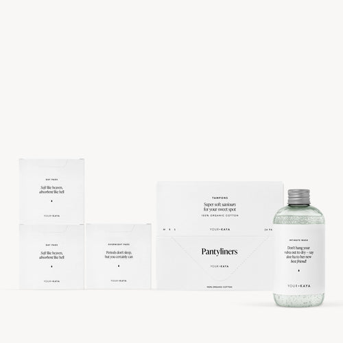 Zestaw: 2x podpaski na dzień, 1x na noc, wkładki, tampony i płyn do higieny intymnej