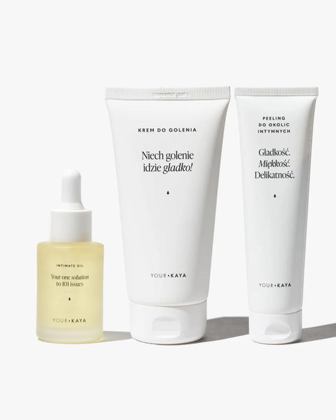 Zestaw do golenia: krem, peeling i olejek intymny lub serum przeciw wrastającym włoskom