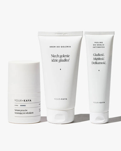 Zestaw do golenia: krem, peeling i olejek intymny lub serum przeciw wrastającym włoskom