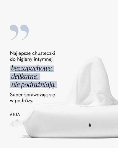 "Najlepsze chusteczki do higieny intymnej bezzapachowe, delikatne, nie podrażniają. Super sprawdzają się w podróży." – Ania