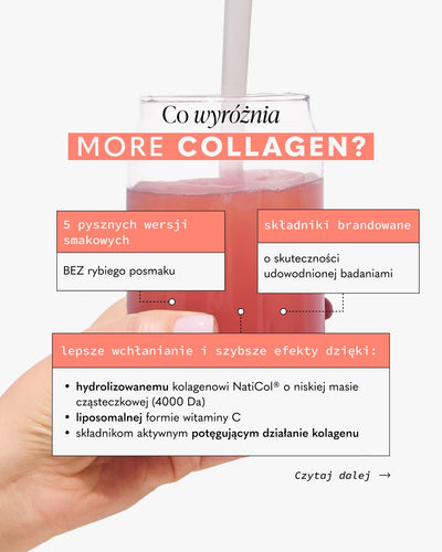 Co wyróżnia MORE COLLAGEN? 5 pysznych wersji smakowych, BEZ rybiego posmaku, składniki brandowane o skuteczności udowodnionej badaniami. Lepsze wchłanianie i szybsze efekty dzięki: hydrolizowanemu kolagenowi NatiCol® o niskiej masie cząsteczkowej (4000 Da), liposomalnej formie witaminy C, składnikom aktywnym potęgującym działanie kolagenu. Czytaj dalej
