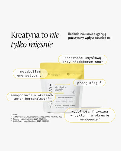 Kreatyna to nie tylko mięśnie.
Badania naukowe sugerują pozytywny wpływ również na:

sprzyjanie długowieczności

metabolizm energetyczny

pracę mózgu

nastrój w okresach zmian hormonalnych

wydolność fizyczną w cyklu, ciąży, połogu i podczas menopauzy
