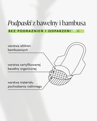 Podpaski z bawełny i bambusa
BEZ PODRAŻNIEŃ I ODPARZEŃ! 🤍🌿✨

warstwa włókien bambusowych

warstwa certyfikowanej bawełny organicznej

warstwa materiału pochodzenia roślinnego