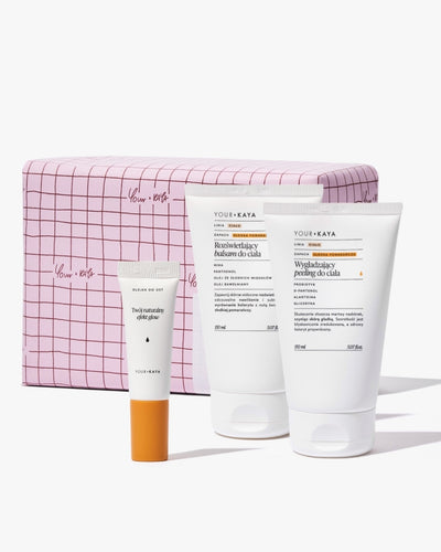 Zestaw prezentowy: rozświetlający balsam do ciała, peeling do ciała i olejek do ust o zapachu słodkiej pomarańczy