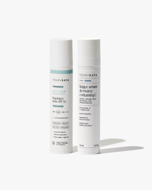 Zestaw: regulujący krem SPF 50 i kojące serum z wit. C