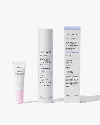 Zestaw: Nawilżający krem SPF 50 i Ochronny olejek do ust SPF 50