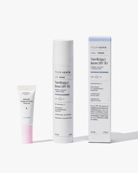Zestaw: Nawilżający krem SPF 50 i Ochronny olejek do ust SPF 50