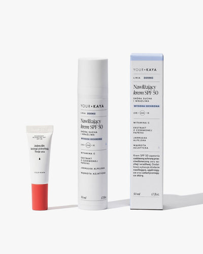 Zestaw: Nawilżający krem SPF 50 i Ochronny olejek do ust SPF 50