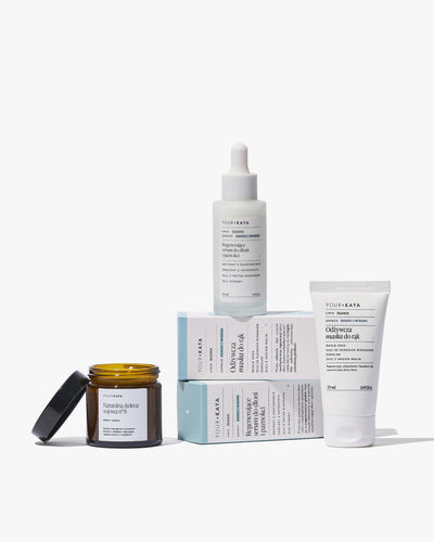 Zestaw świąteczny: maska do rąk, serum do dłoni i świeczka o zapachu kokosa i migdałów