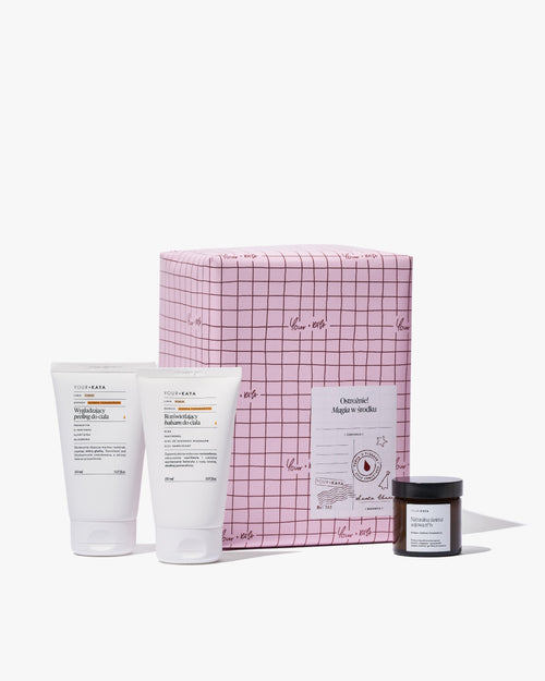 Zestaw świąteczny: wygładzający peeling, rozświetlający balsam i świeczka o zapachu słodkiej pomarańczy