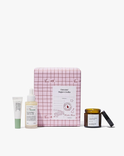 Zestaw świąteczny: olejek do ust, rozświetlający olejek do ciała i świeczka o zapachu wanilii i mięty